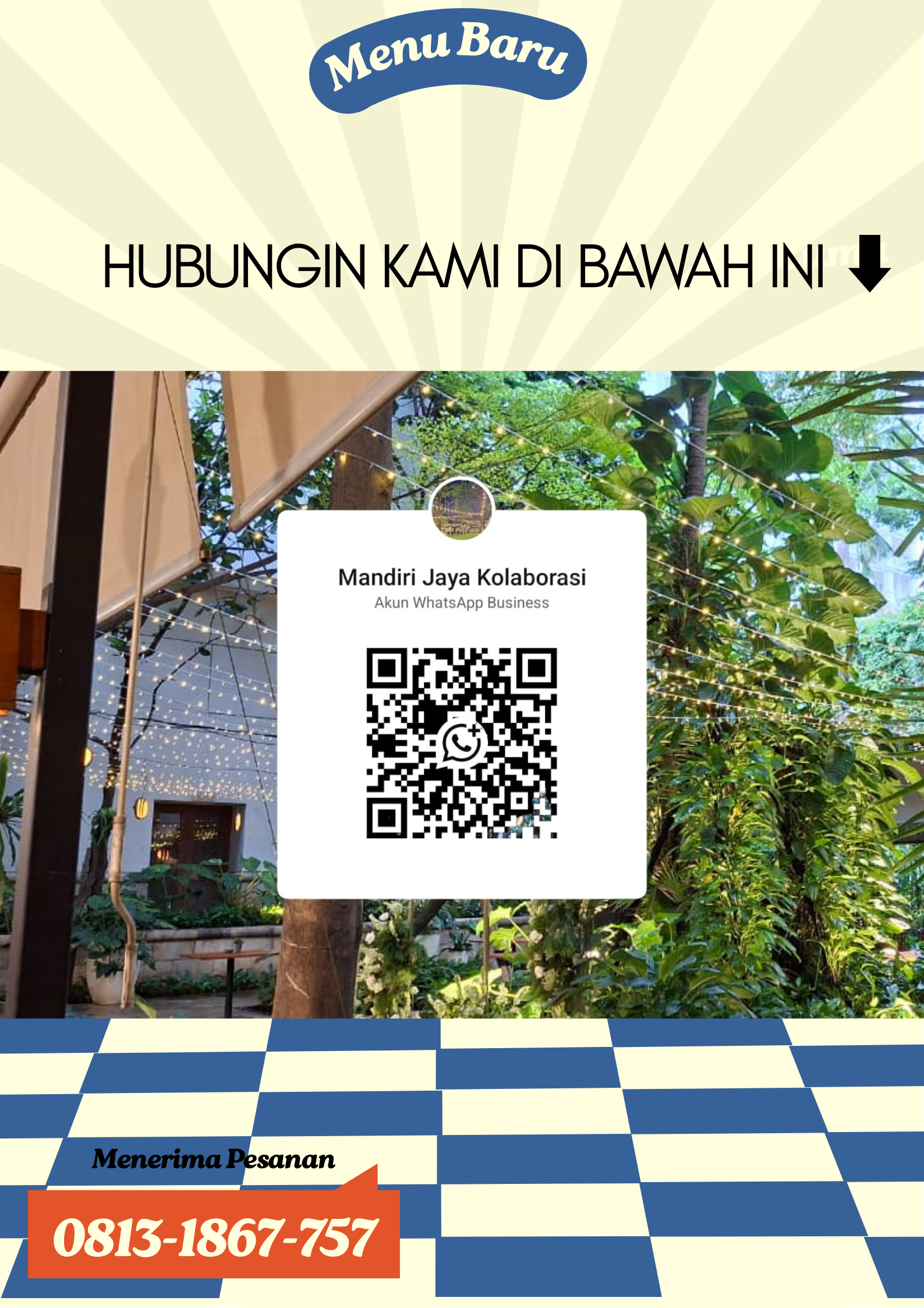 poster promosi menu makanan baru burger retro putih tulang oranye dan biru (2)